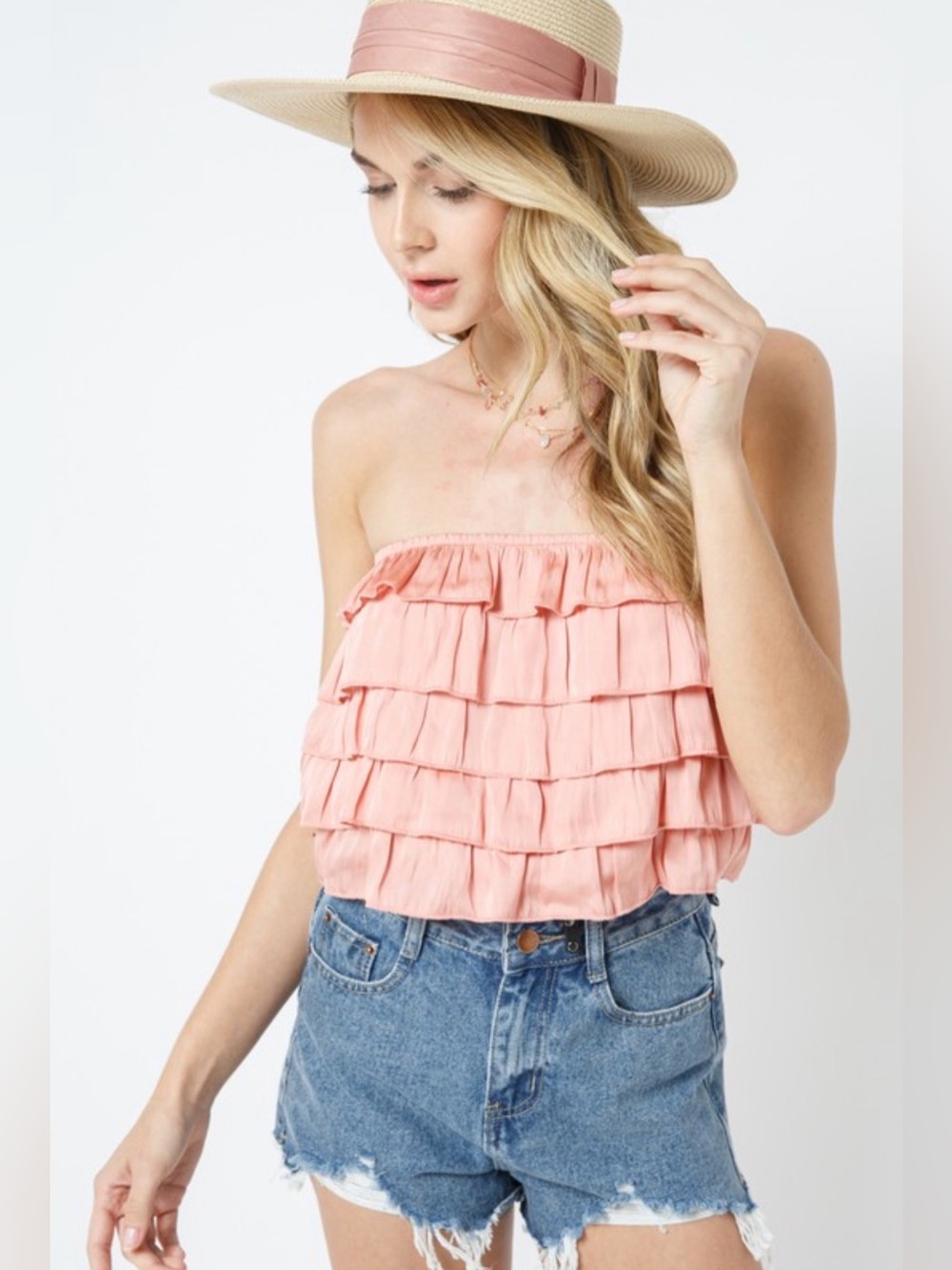 Strapless Pink Ruffle Crop Top - Women